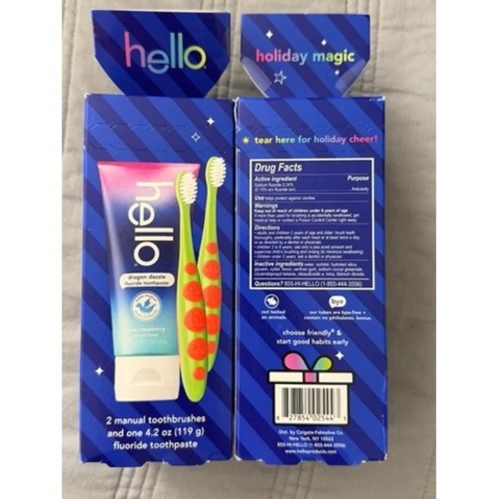 Hello Kids Toothpaste‎ & Toothbrush Set Blue Raspberry Dragon Dazzle 2pk NEW